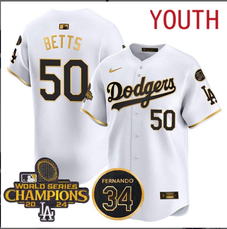 Youth  MLB Los Angeles Dodgers  #50 Betts white 2024 World Series Champions Patch Limited Jersey style 3->youth mlb jersey->Youth Jersey